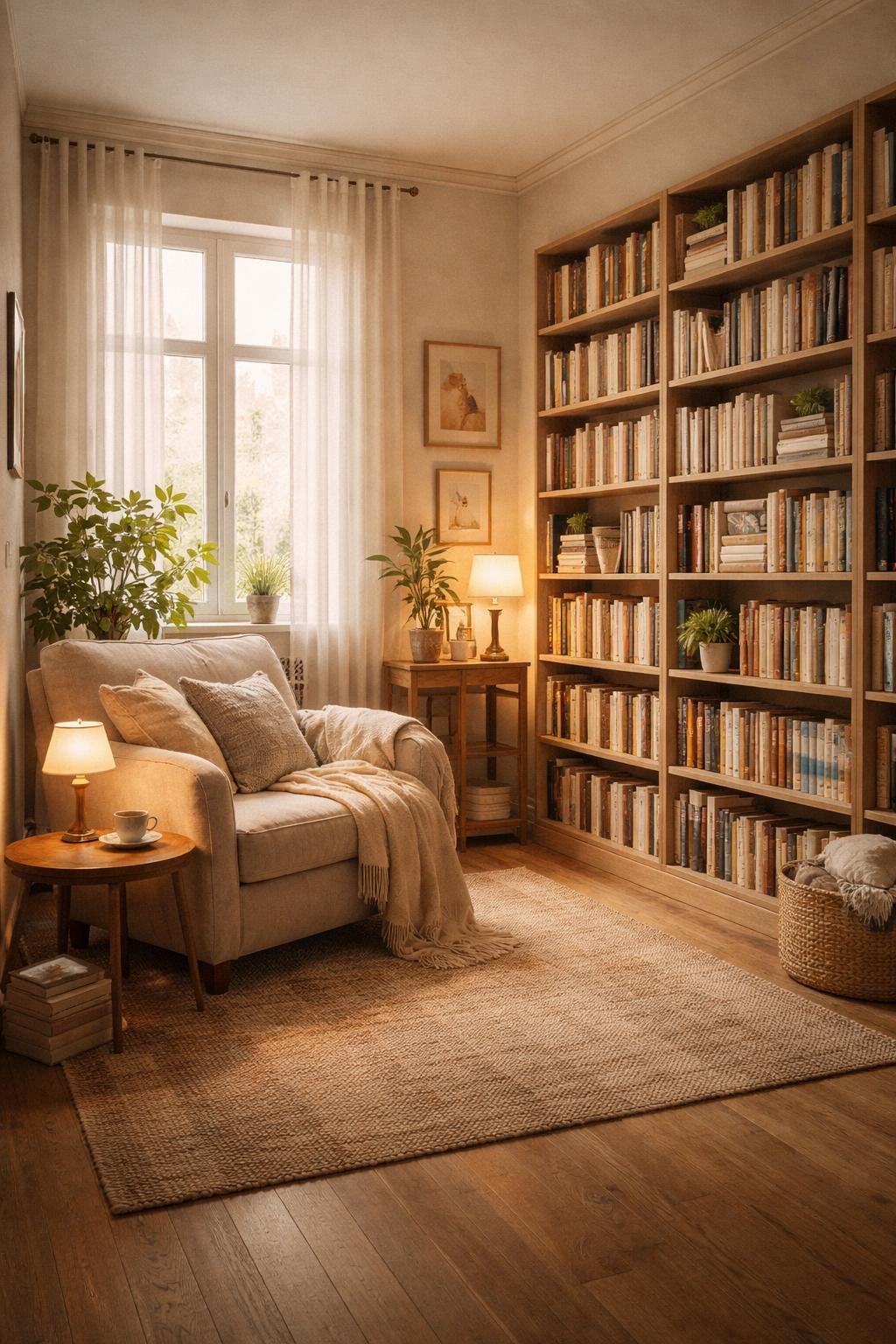 A cozy apartment living room with a large armchair, tall bookshelf filled with books, a side table with a lamp and cup, and natural light coming through a window.