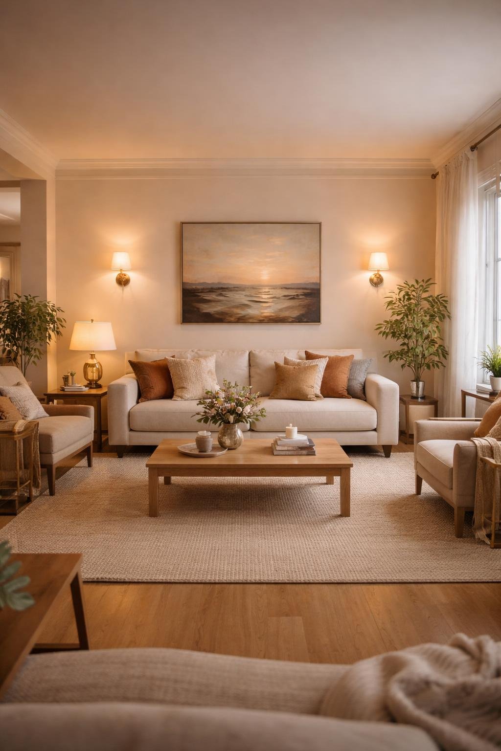 A cozy living room with wall sconces casting a soft glow, comfortable seating, a coffee table, plants, and large windows with sheer curtains.