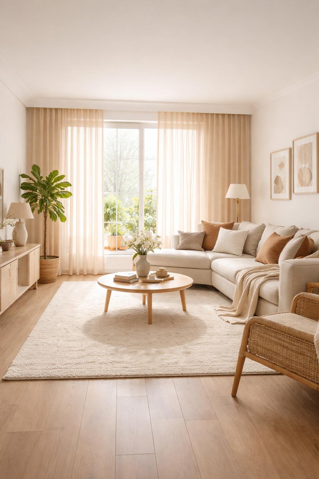 A cozy apartment living room with sheer warm-toned curtains, a sofa, coffee table, rug, plants, and artwork, shown in a wide shot capturing the entire space.