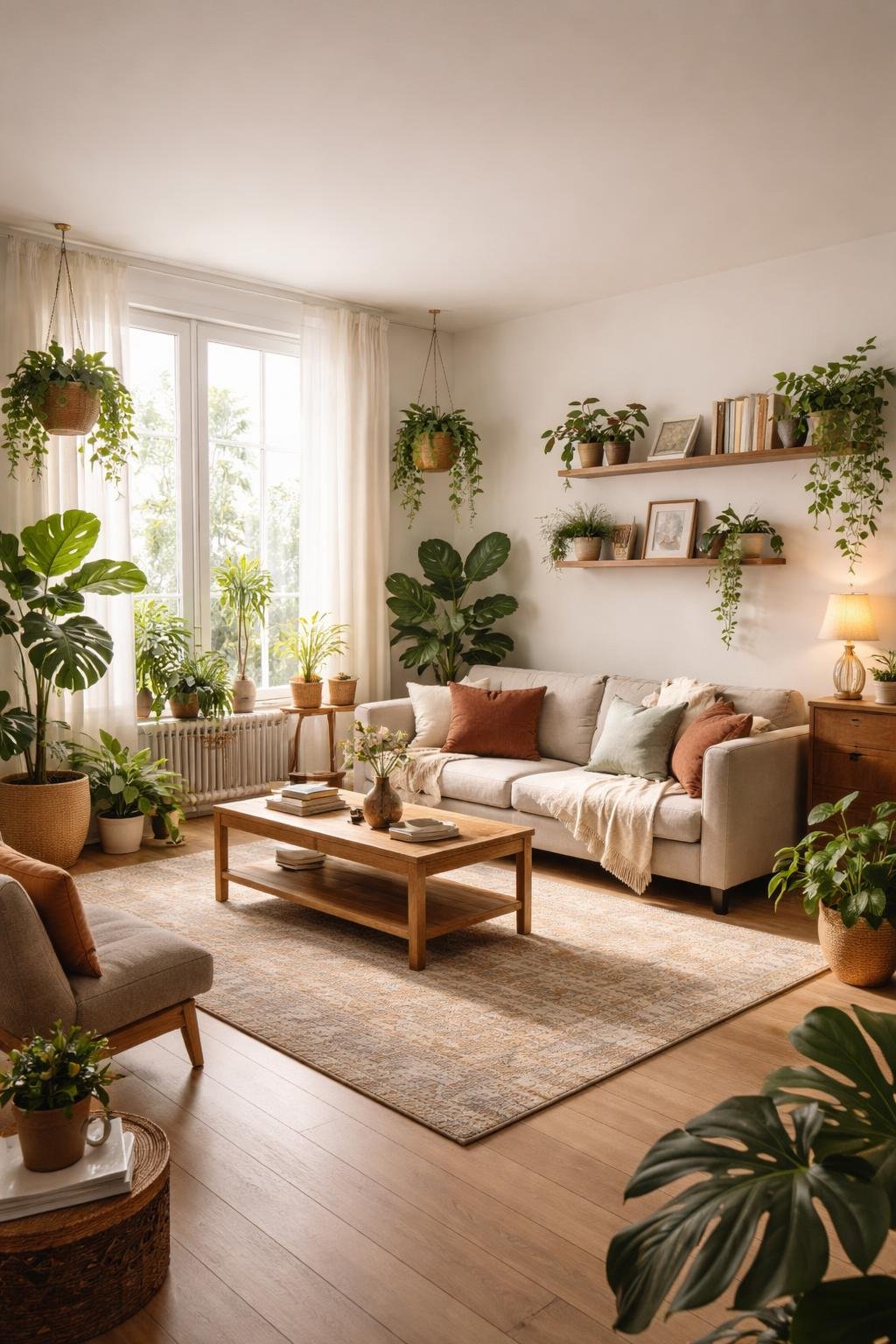A cozy apartment living room with a sofa, coffee table, shelves, and several green plants placed around the room.