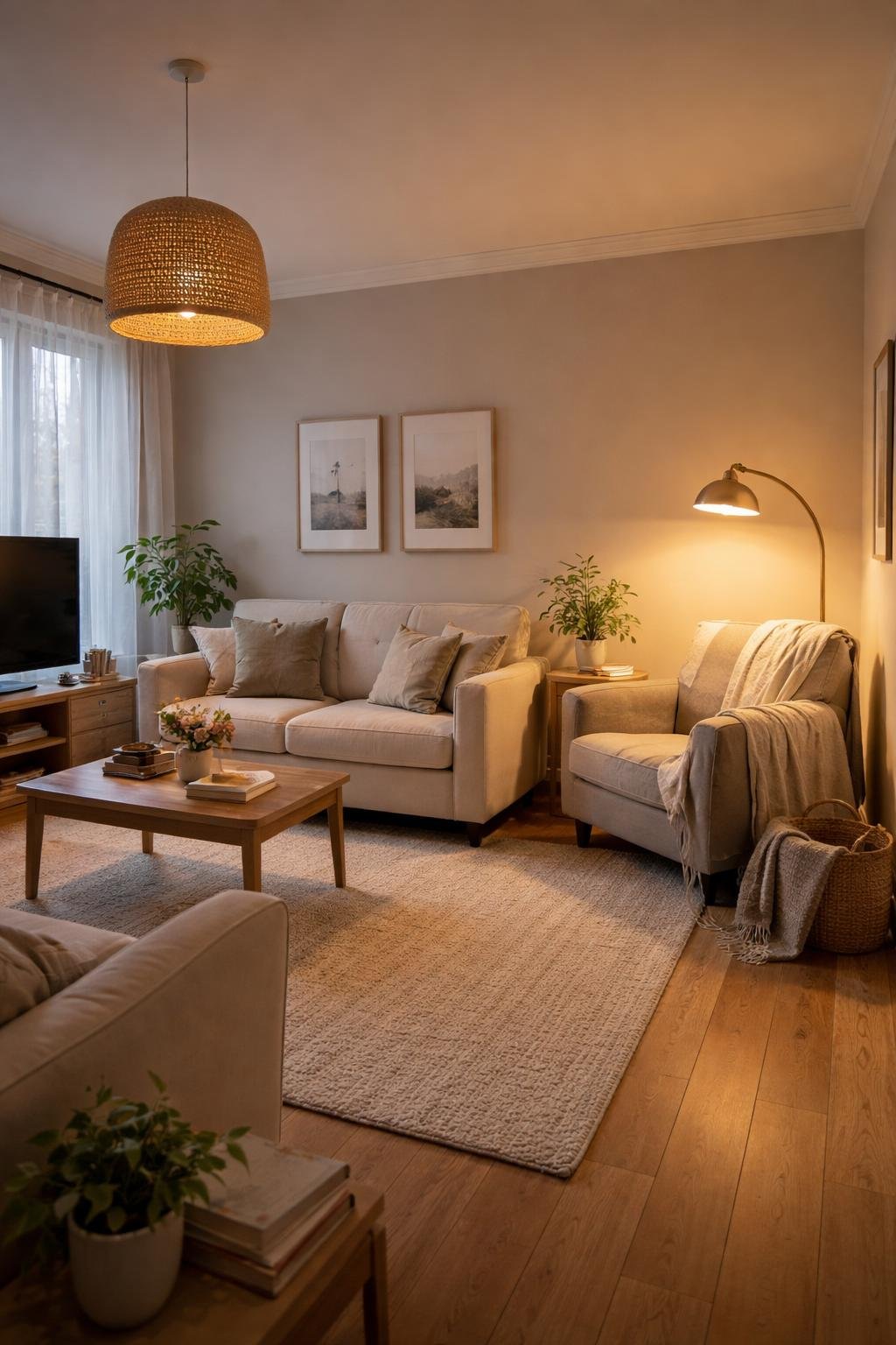 A cozy apartment living room with a comfortable armchair and a reading lamp in a nook, surrounded by a sofa, coffee table, and decorative elements.