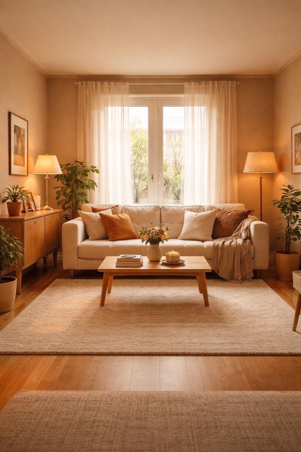 A full view of a cozy apartment living room with warm-colored walls, a sofa, coffee table, plants, and soft natural lighting.