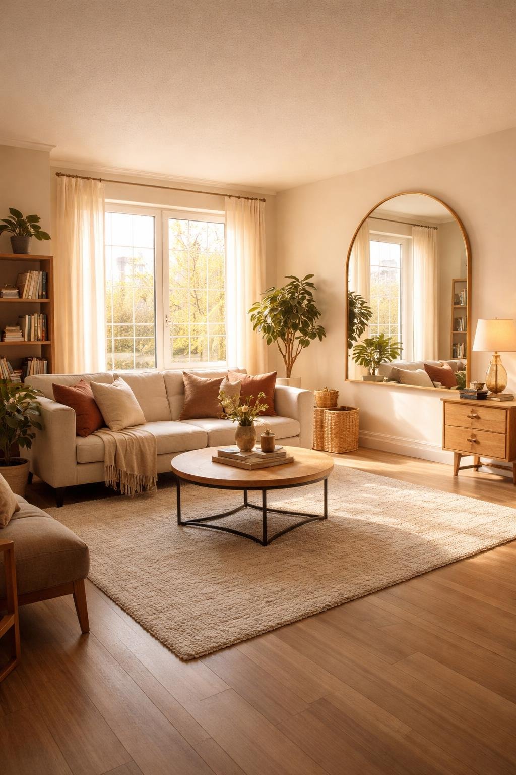 A cozy apartment living room with a sofa, coffee table, area rug, plants, and a large mirror reflecting sunlight to brighten the space.