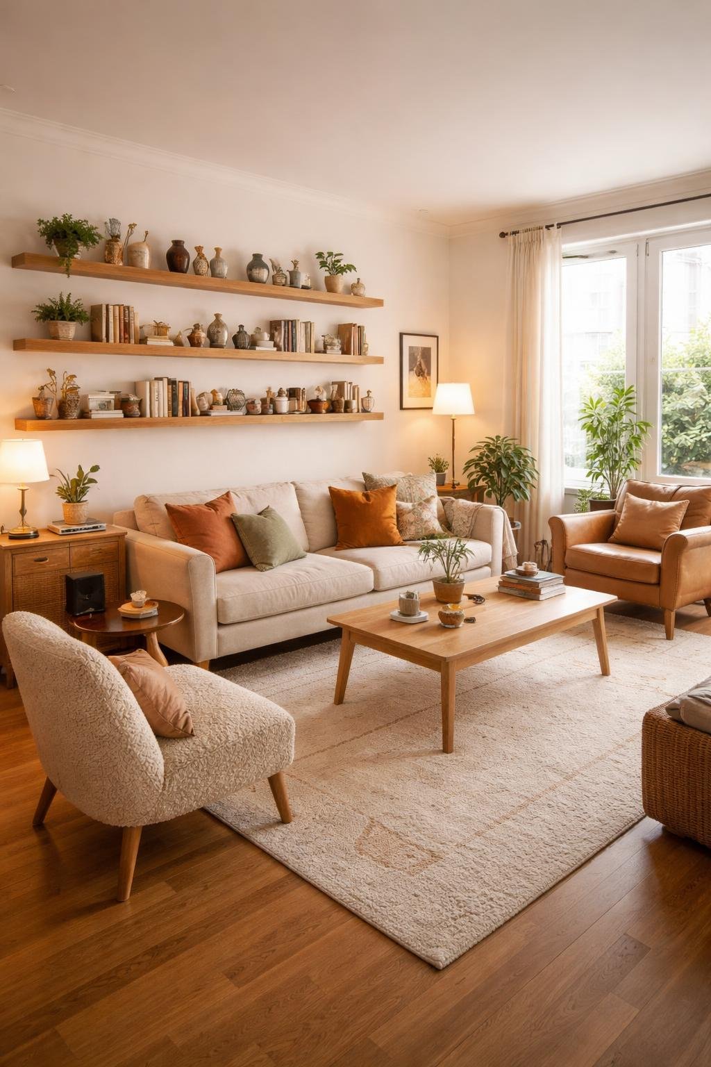 A cozy apartment living room with floating shelves displaying decorative items, a sofa, chairs, coffee table, and warm lighting.