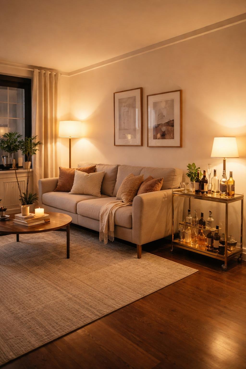 A cozy apartment living room with a small bar cart, a sofa, coffee table, and decorative elements arranged in a warm, inviting space.