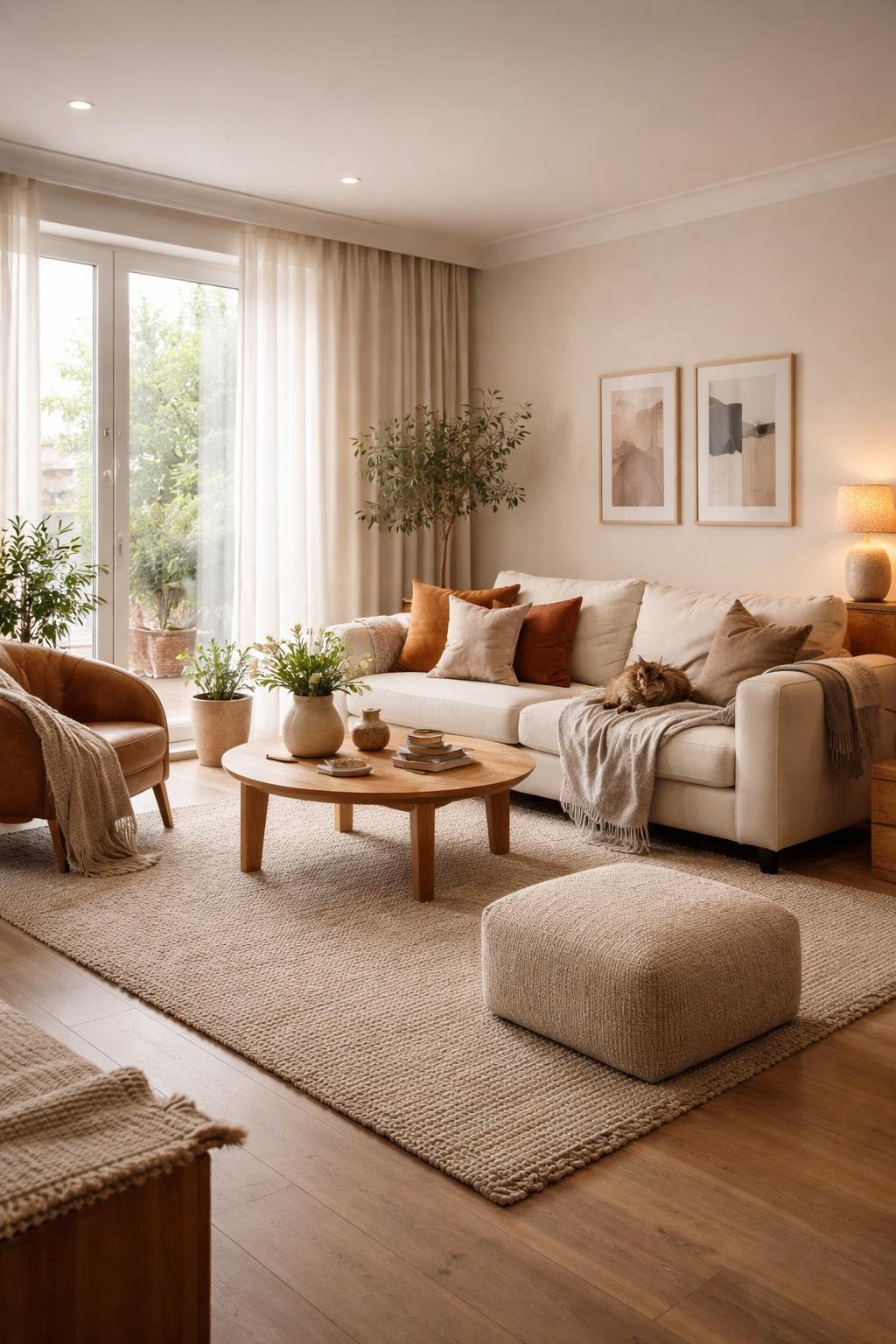 A cozy apartment living room with a sofa, armchair, coffee table, rug, plants, and large windows letting in natural light.