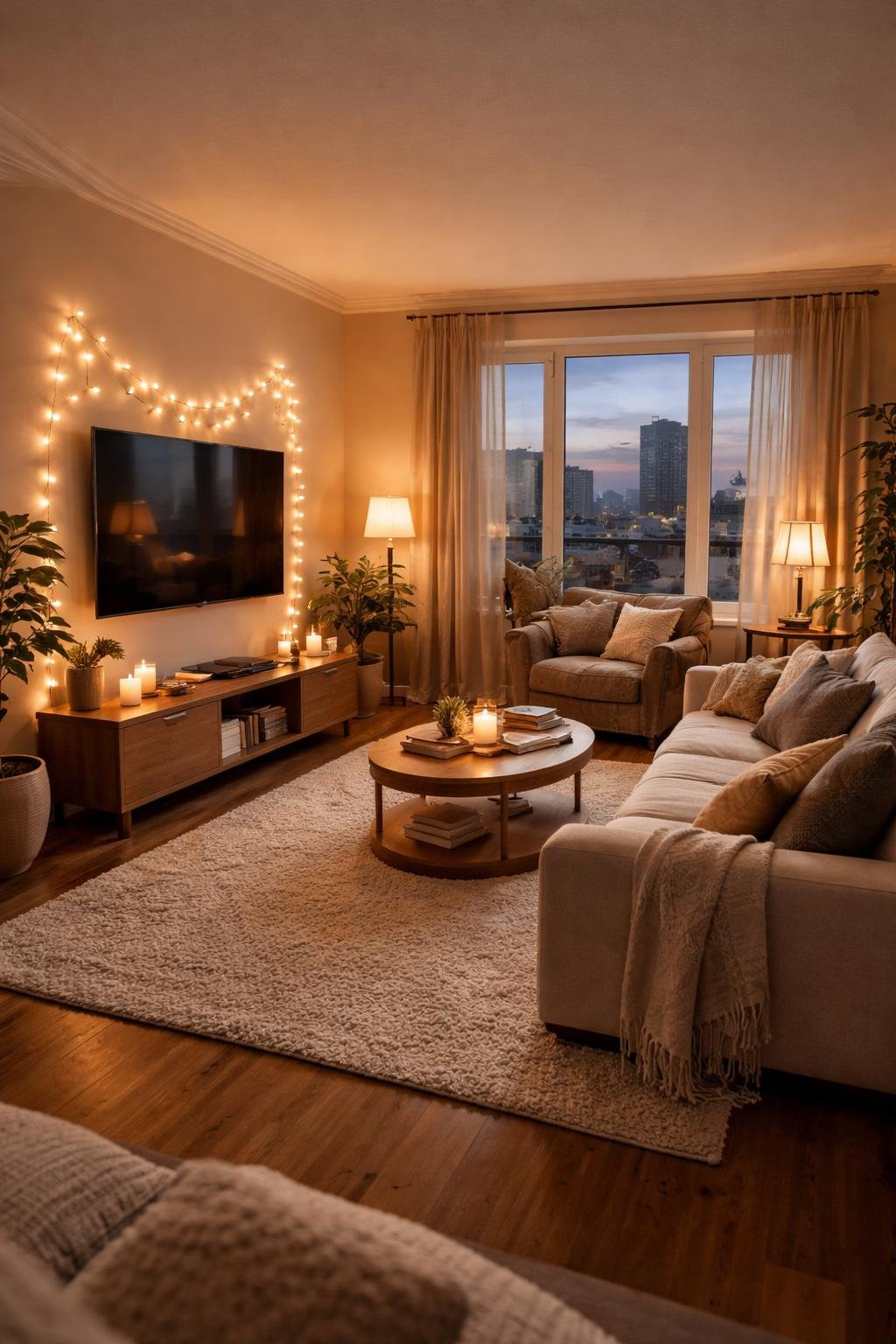 A cozy apartment living room with a sofa facing a TV surrounded by string lights, a coffee table, rug, and large windows letting in natural light.