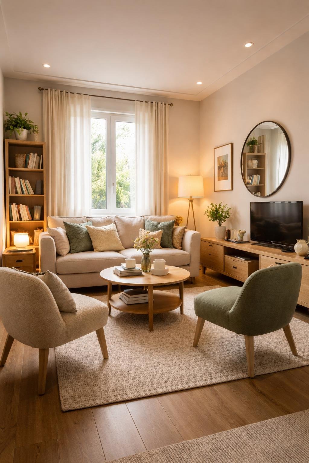 A cozy small apartment living room with a sofa, chairs, coffee table, bookshelf, and natural light coming through a window.