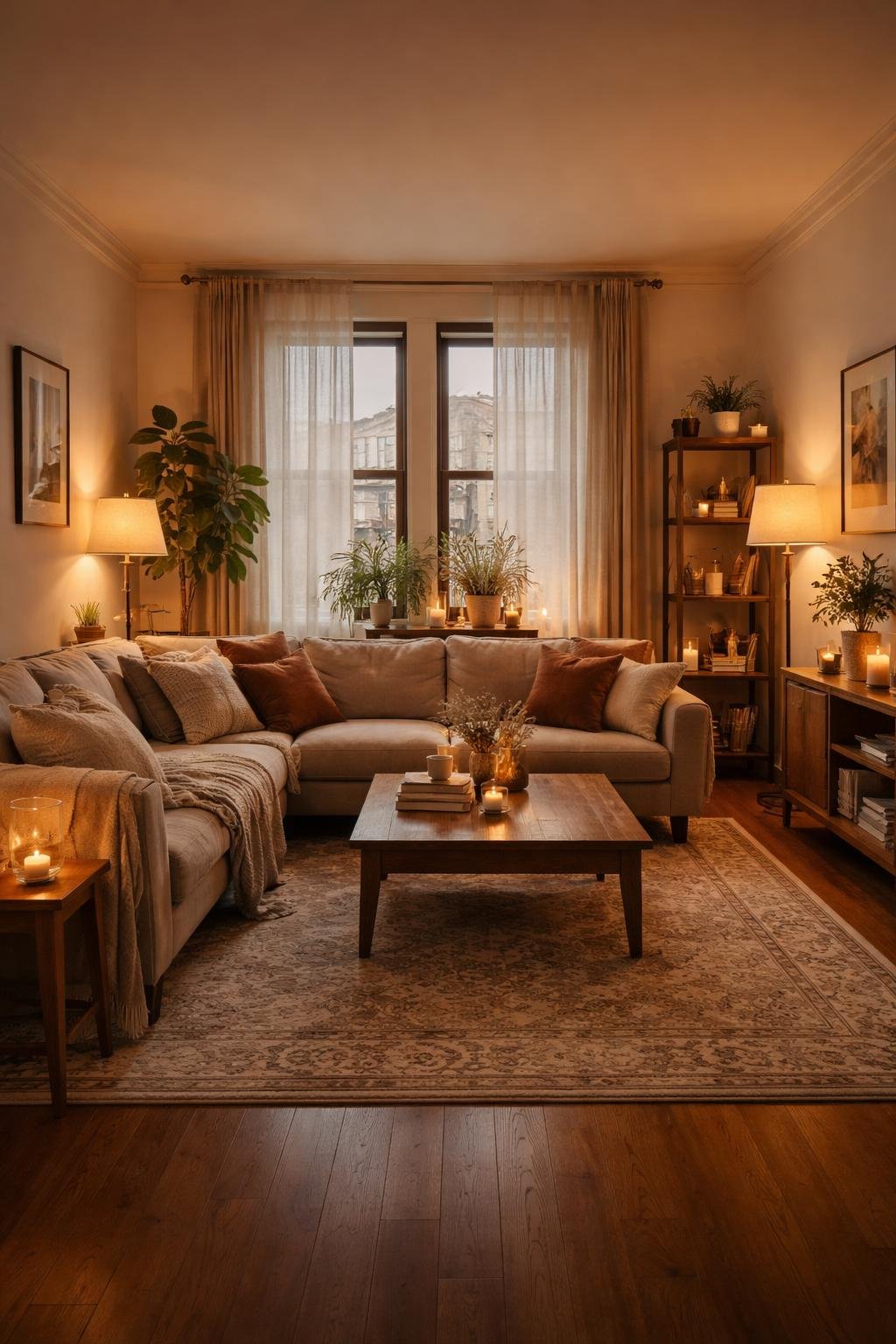 A full view of a cozy apartment living room with a sofa, coffee table, floor lamp, plants, and large windows letting in soft natural light.