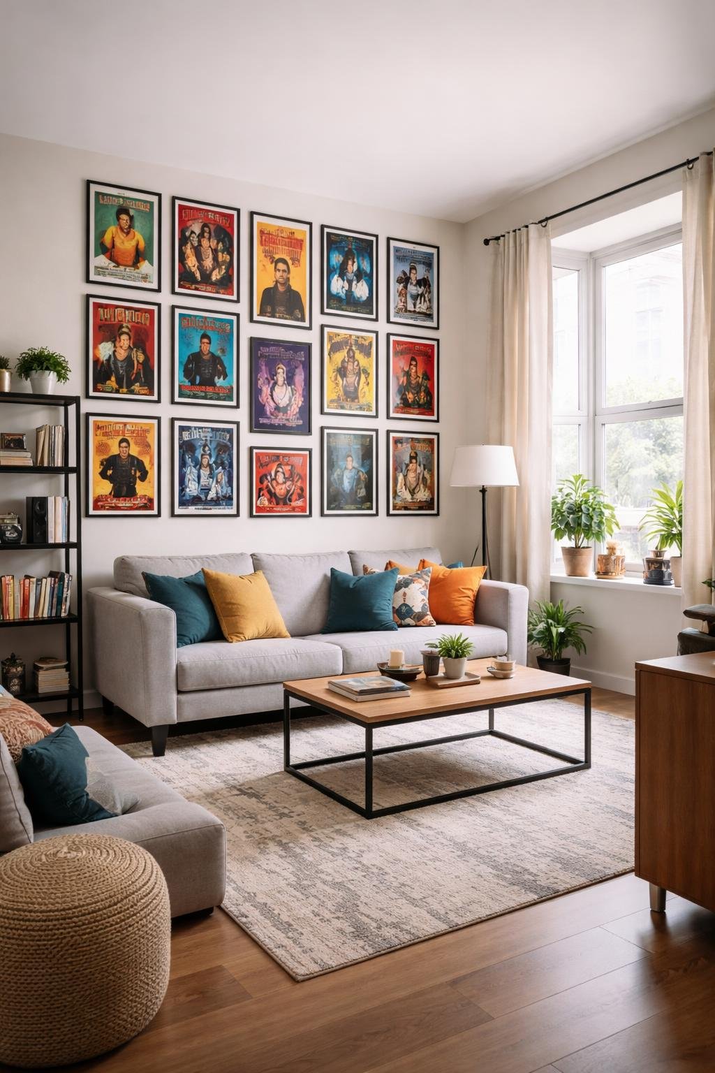 A college apartment living room with a large gallery wall of framed concert posters, a sofa, coffee table, and natural light from windows.