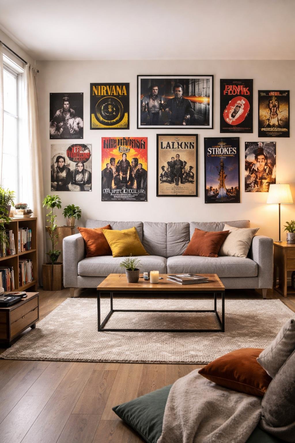 A college apartment living room with a sofa, coffee table, bookshelf, and walls decorated with a mix of framed and unframed band posters, shown in a wide view capturing the entire room.