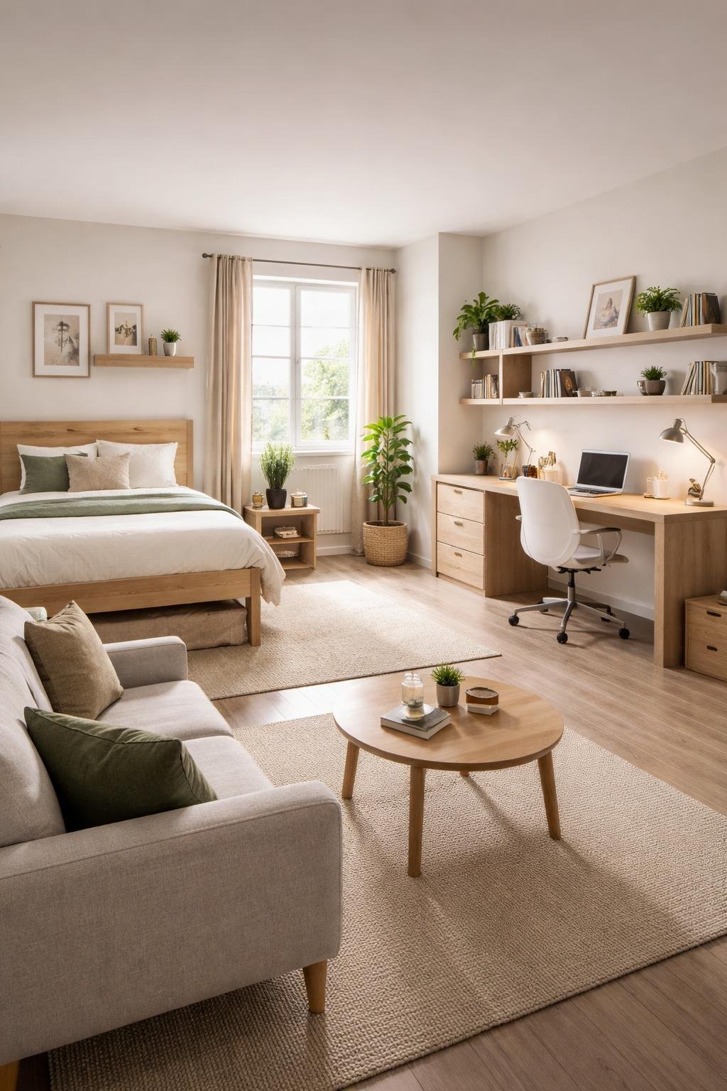 A full view of a college apartment room showing a bed, a separate desk with a chair and laptop, a small sofa, storage shelves, and plants, all arranged neatly in a well-lit space.