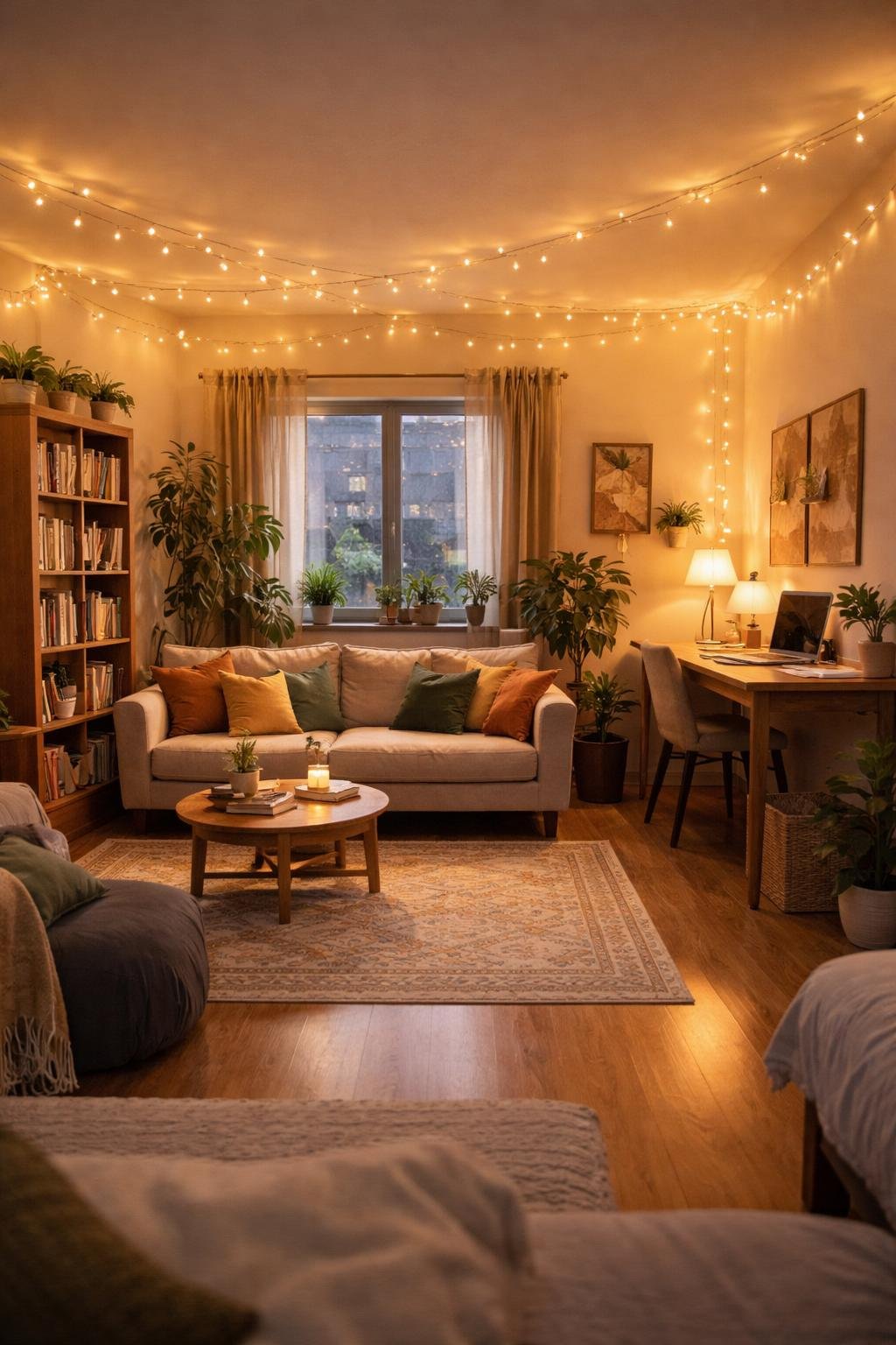 Wide view of a cozy college apartment living room with string lights, a sofa, coffee table, bookshelves, a study desk, and plants.