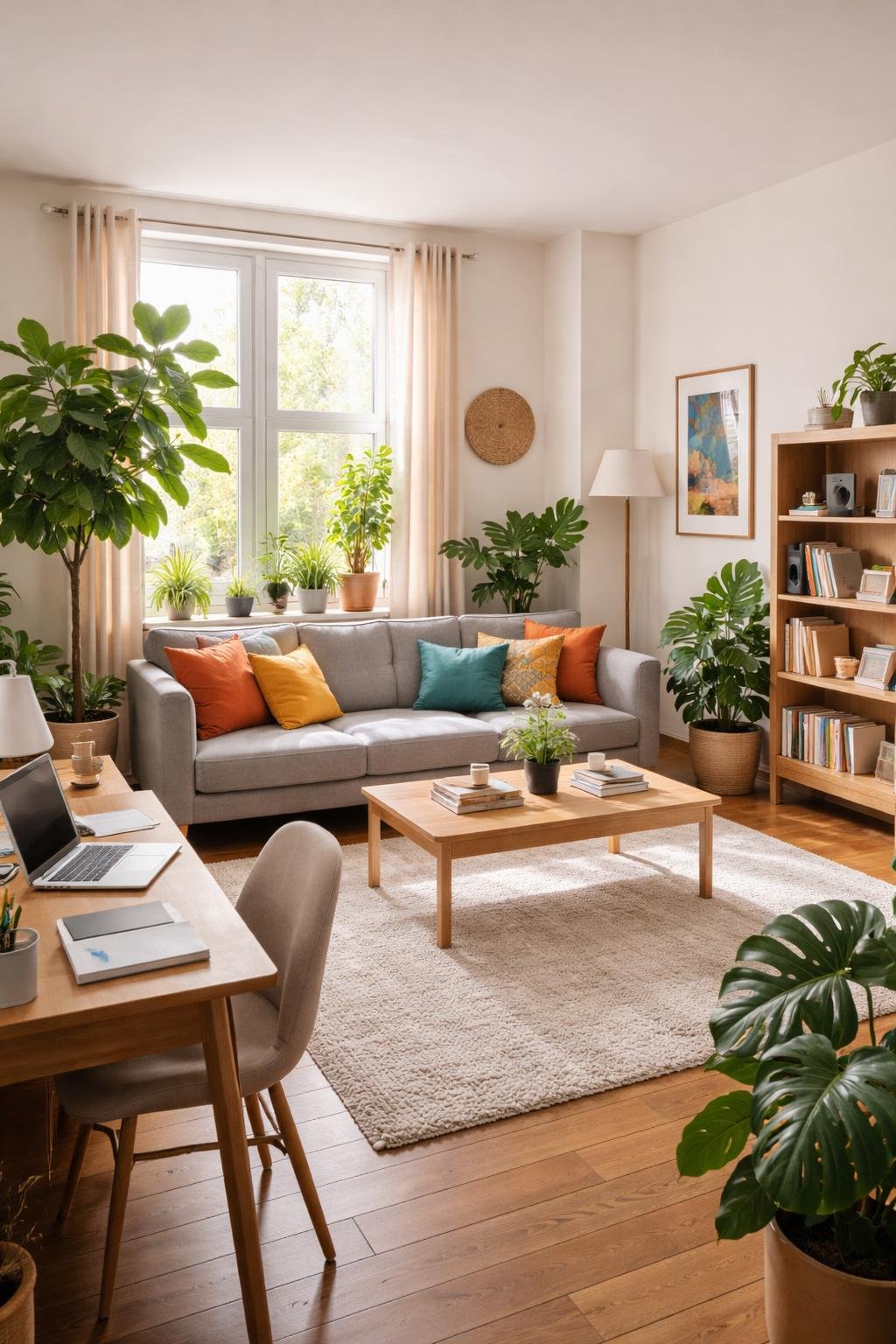 A college apartment living room with a sofa, coffee table, bookshelf, large potted plants, study desk, and natural light filling the space.