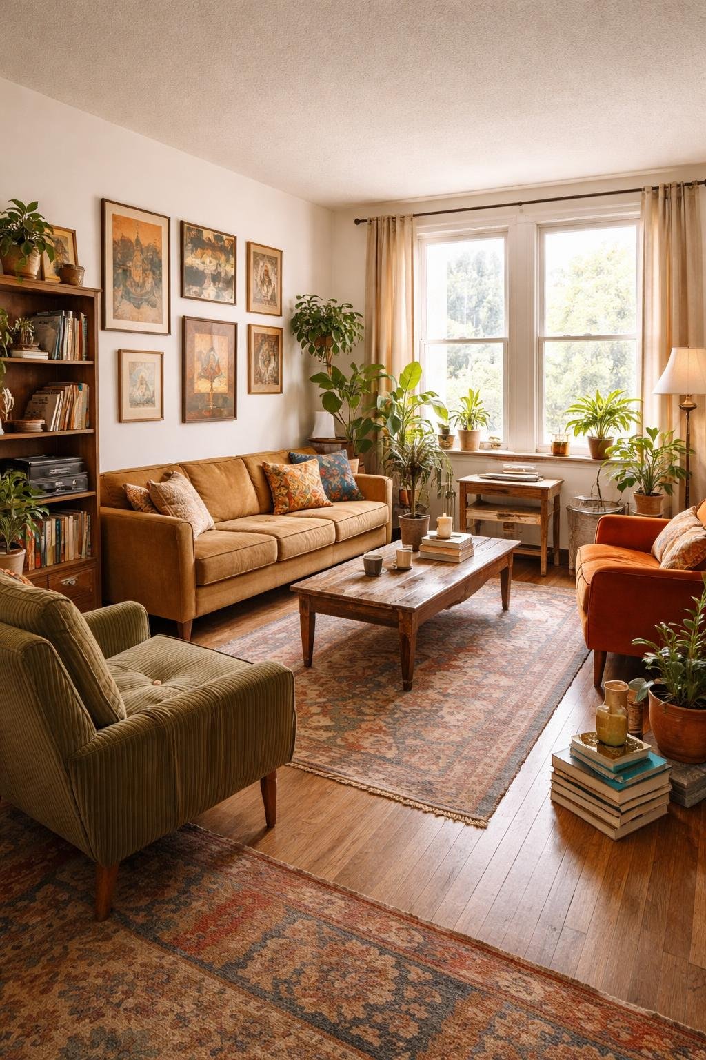 A full view of a college apartment living room with vintage furniture, plants, artwork on the walls, and natural light coming through windows.