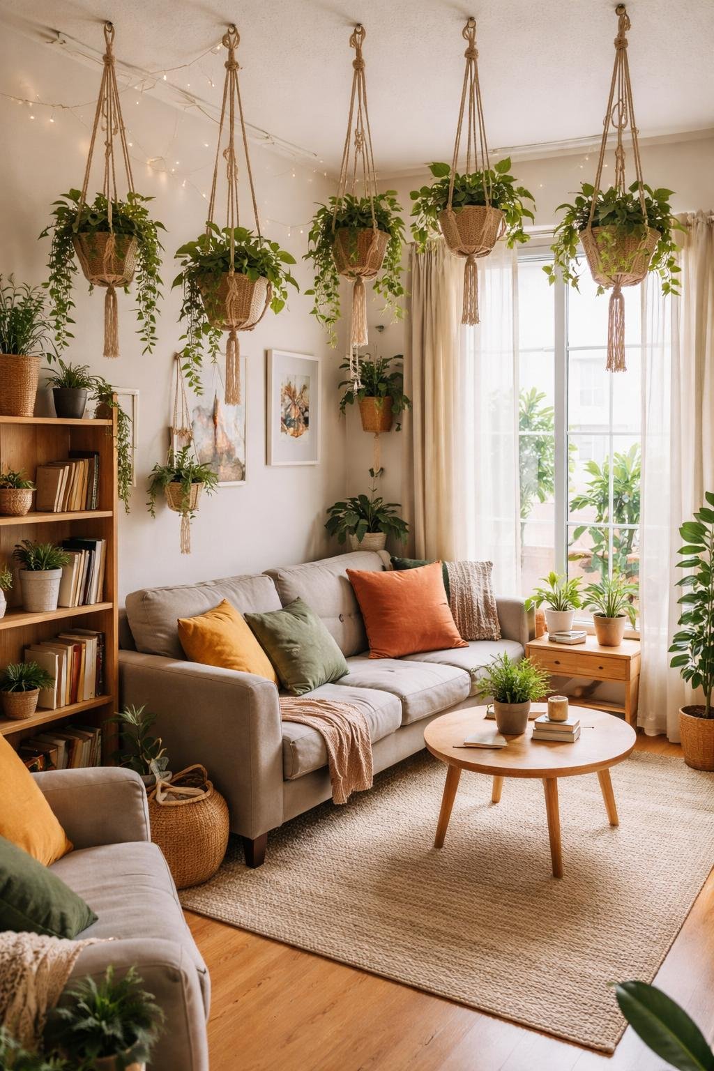 A college apartment living room with macrame plant hangers, sofa, coffee table, bookshelf, and natural light from windows.