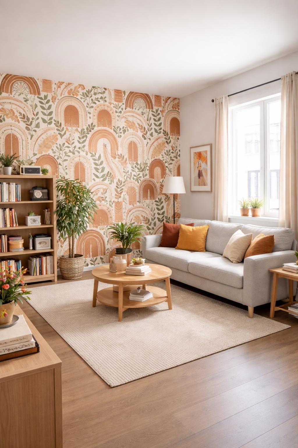 A college apartment living room with an accent wall featuring peel-and-stick wallpaper, a sofa, coffee table, bookshelf, plants, and a window letting in natural light.