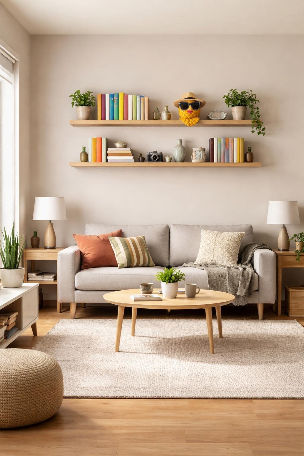 A college apartment living room with floating shelves displaying books and a souvenir, a sofa, coffee table, and natural light filling the space.