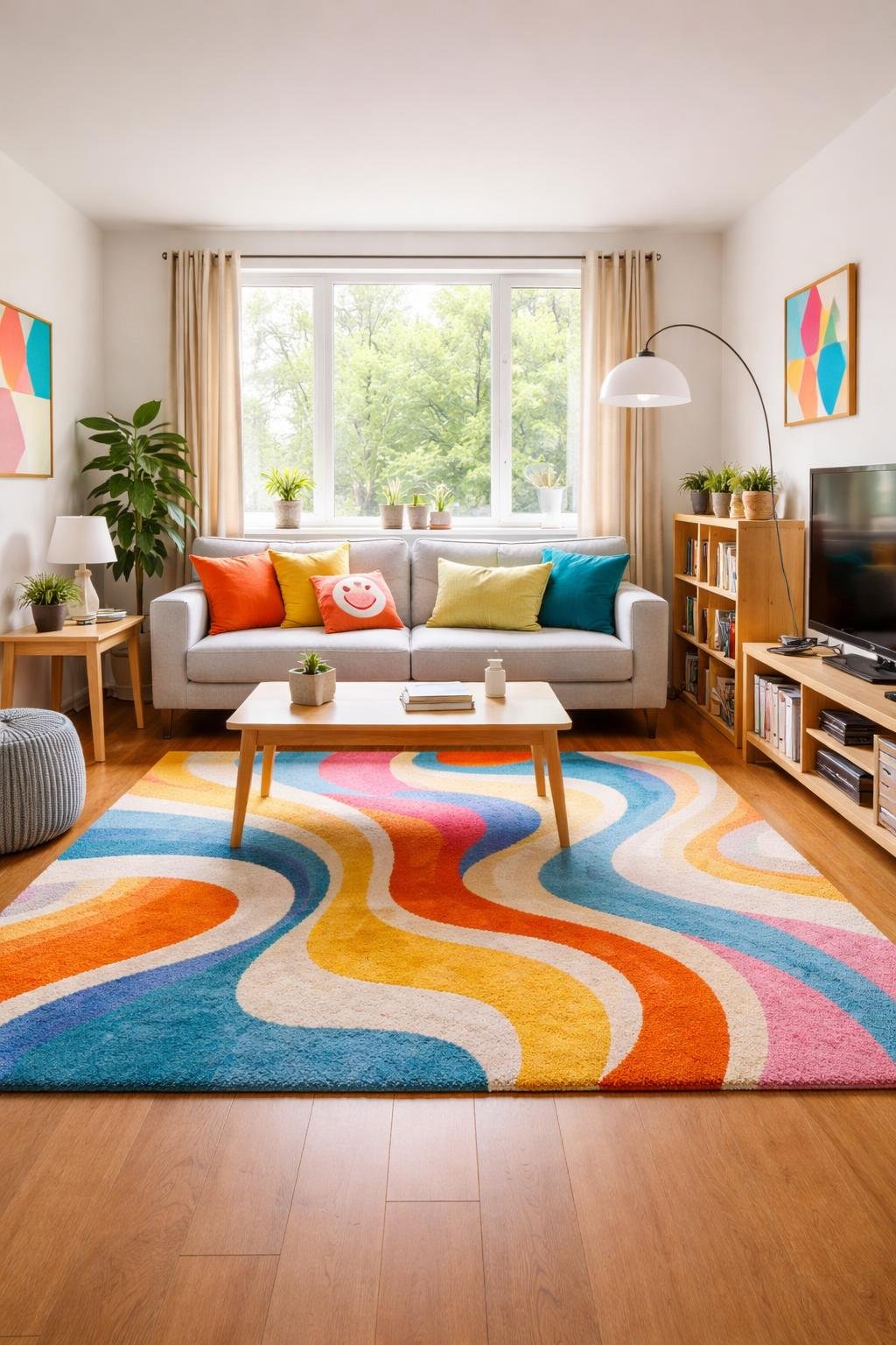A college apartment living room with a colorful area rug, sofa, coffee table, bookshelf, floor lamp, and wall art, shown in a wide, full view.