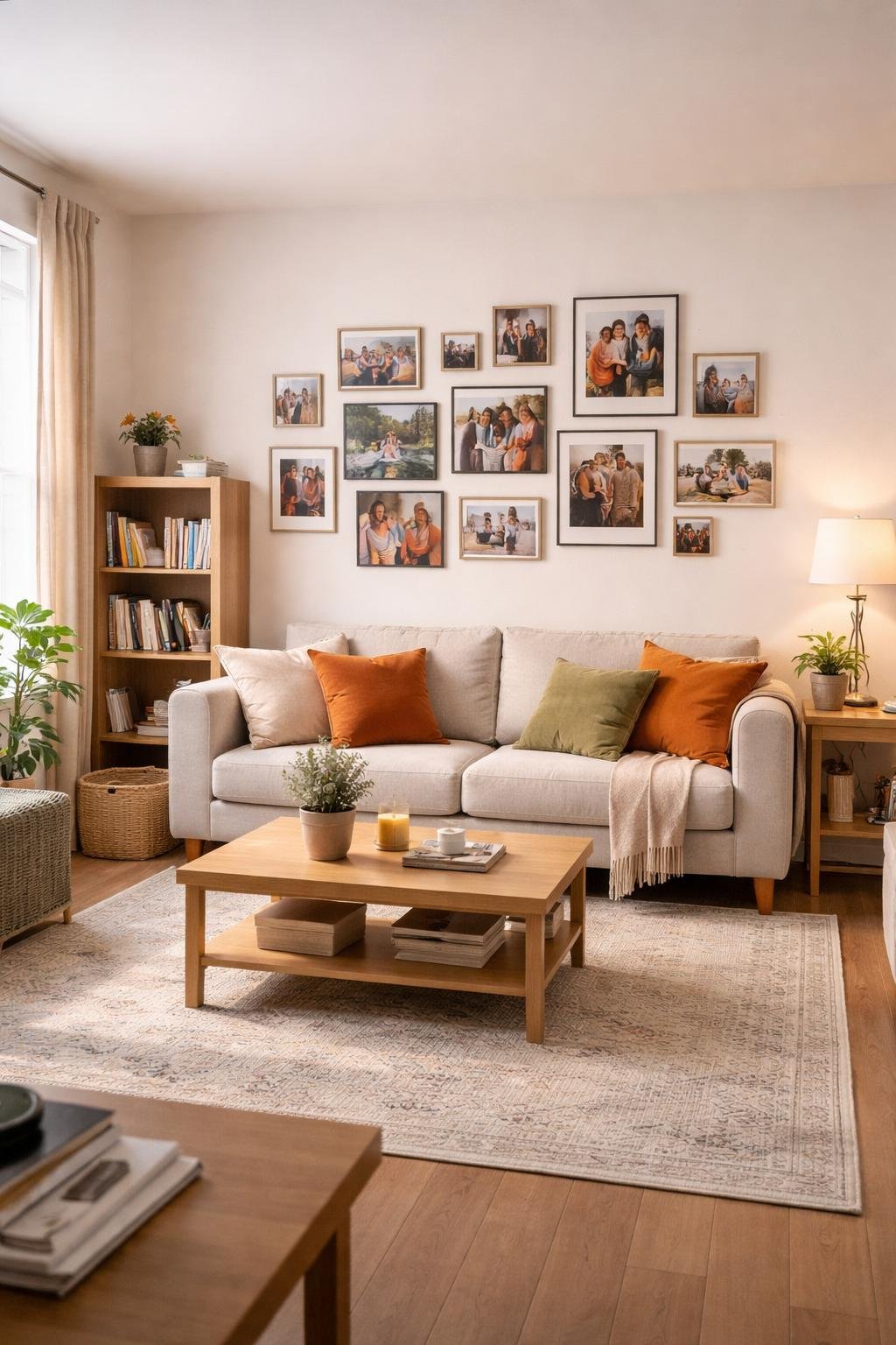 A full view of a college apartment living room with a sofa, coffee table, bookshelf, and a gallery wall of personal photos on one wall.