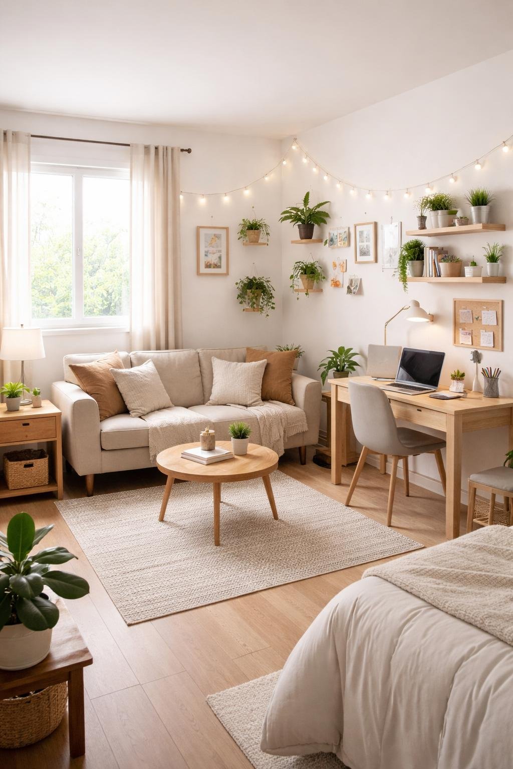 A wide view of a college apartment living room with a sofa, coffee table, desk, shelves, plants, and wall hangings using command hooks.