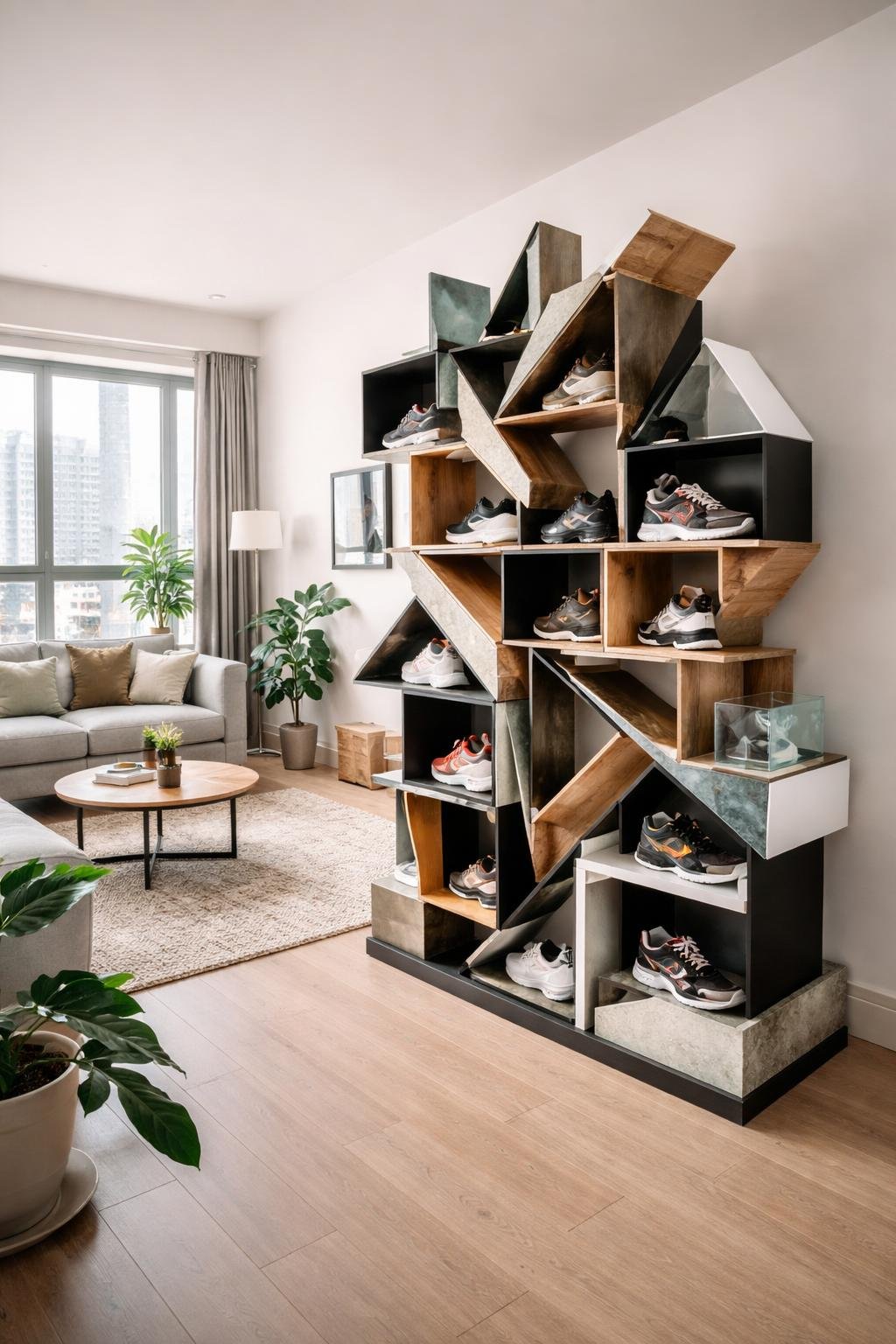 A college apartment living room with a unique open shoe rack that looks like a modern art sculpture, surrounded by a sofa, coffee table, plants, and neutral-colored walls.
