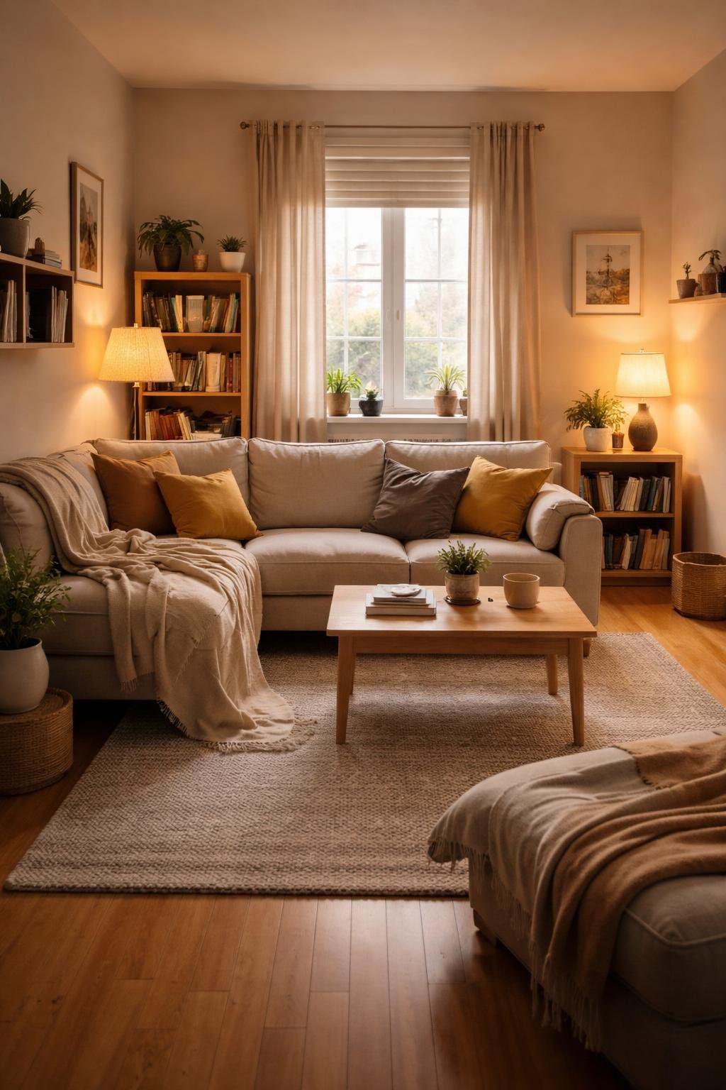 A college apartment living room with a sofa, throw blanket, coffee table, bookshelf, lamps, and a window letting in natural light.