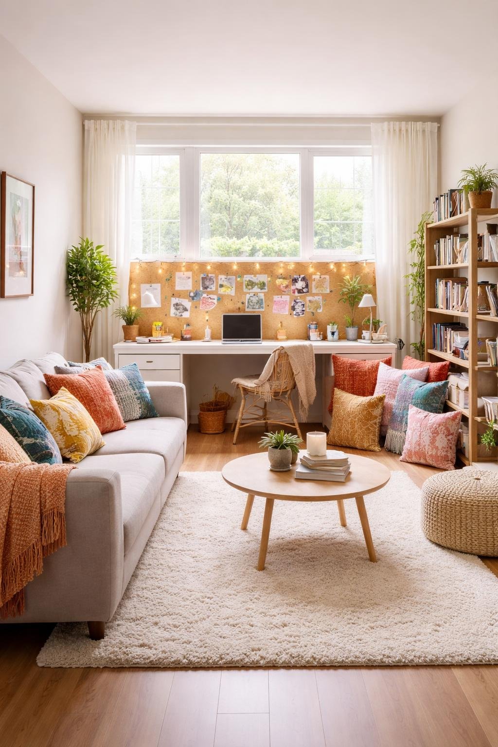 A college apartment living room with a desk covered in colorful throw pillows, a sofa, coffee table, bookshelf, and a rug, all arranged in a bright and tidy space.