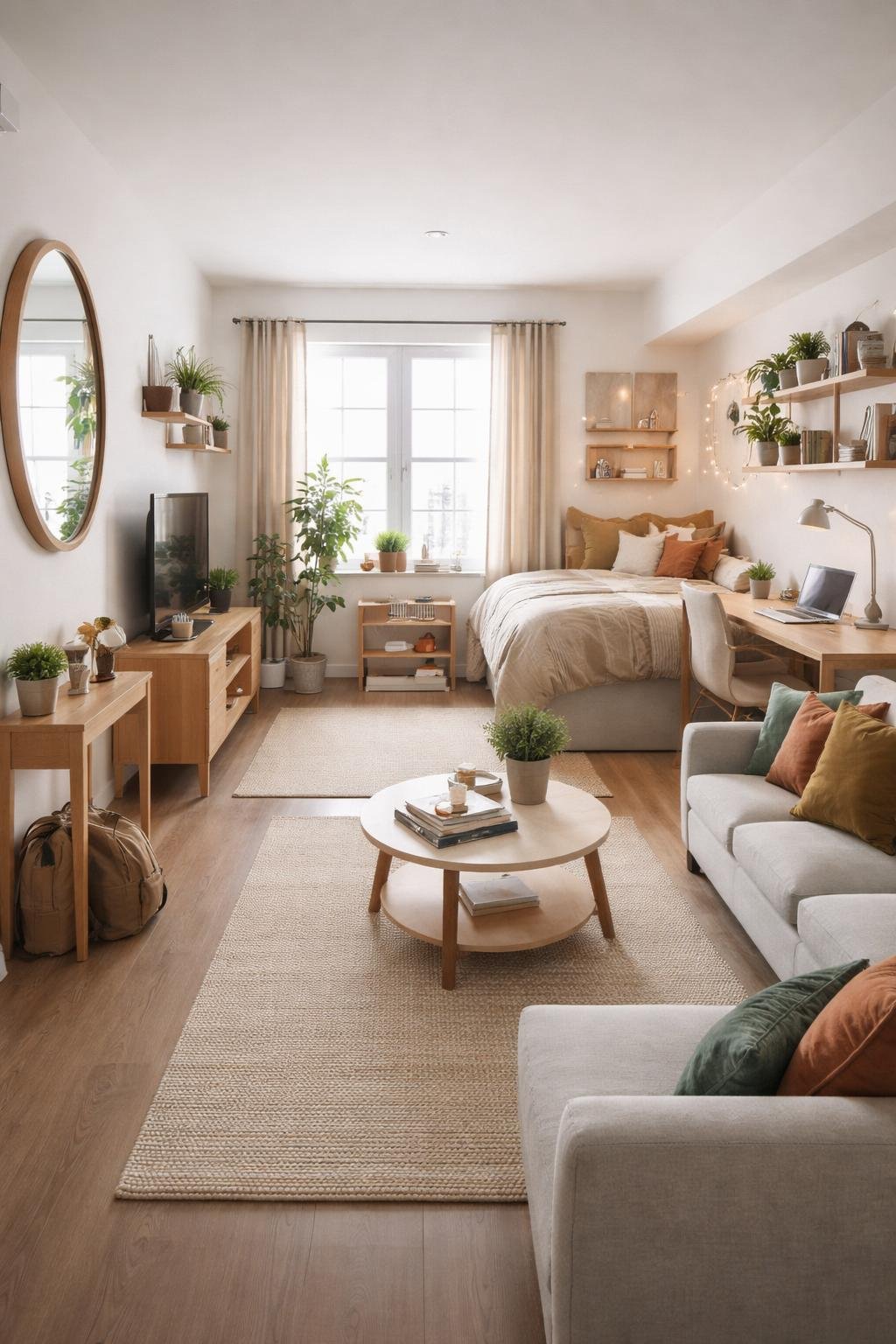 A tidy and organized college apartment living room with a large wall mirror, sofa, coffee table, shelves, and natural light coming through a window.