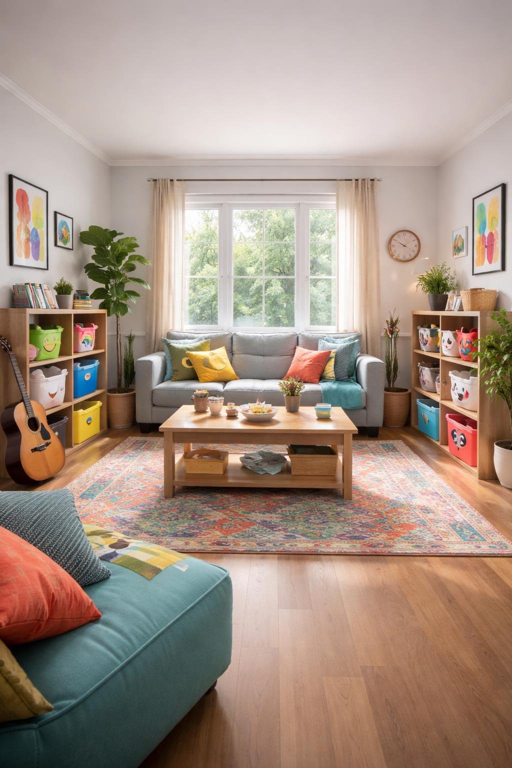 A full view of a college apartment living room with quirky storage bins neatly hiding clutter, a sofa, coffee table, shelves, and bright natural light filling the space.
