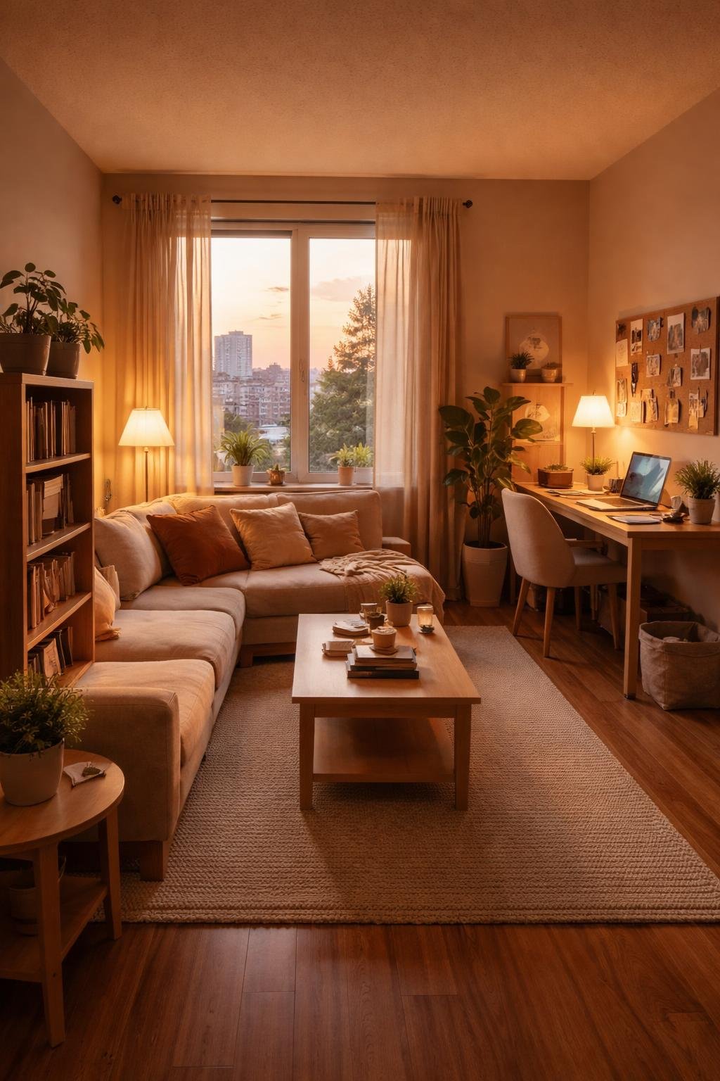 A college apartment living room with a sofa, coffee table, bookshelf, and desk, softly lit by warm LED lights creating a cozy atmosphere.