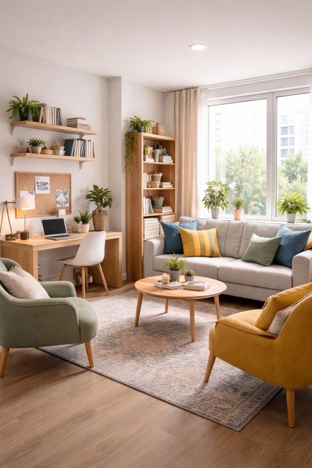 A wide view of a college apartment living room featuring a sofa, chairs, study desk, shelves, plants, and large windows letting in natural light.