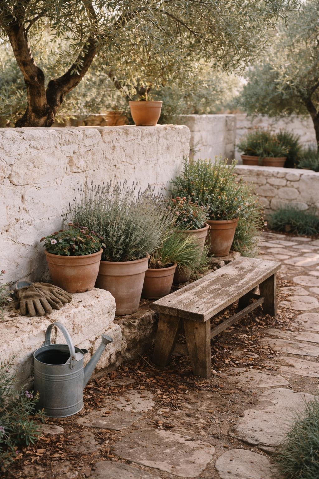 A rustic Greek garden with whitewashed stone walls, terracotta pots, olive and lavender plants, garden tools, and a stone pathway with footprints under soft daylight.