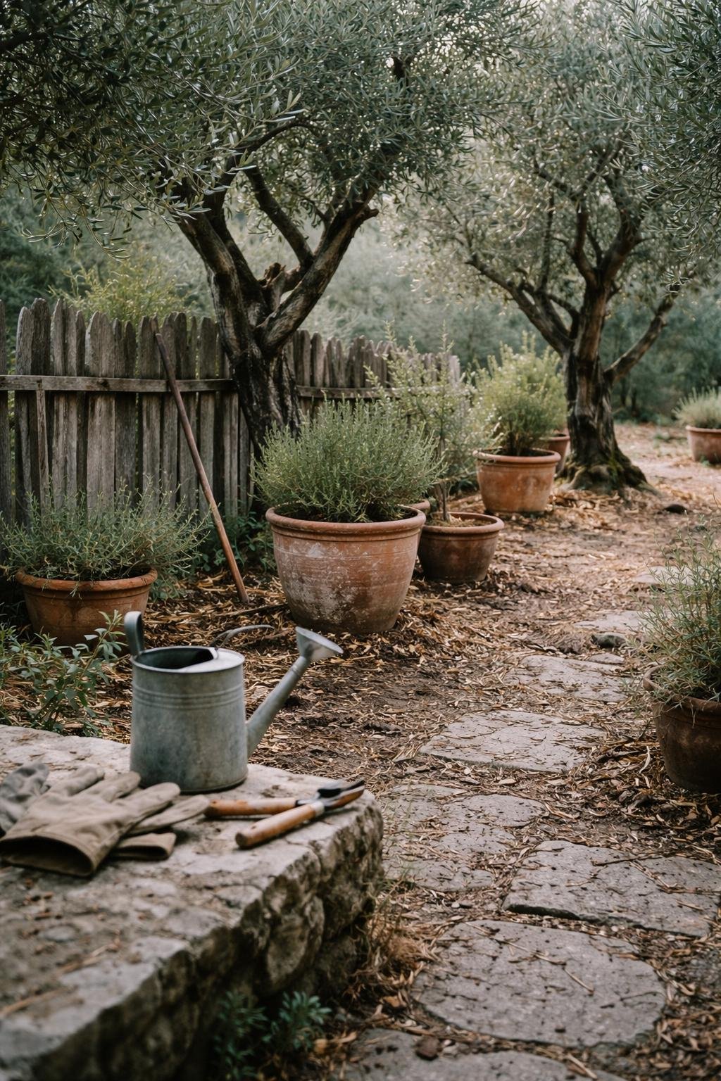 A Greek garden scene with olive trees, terracotta pots, garden tools, and worn gloves on a stone path under soft daylight.