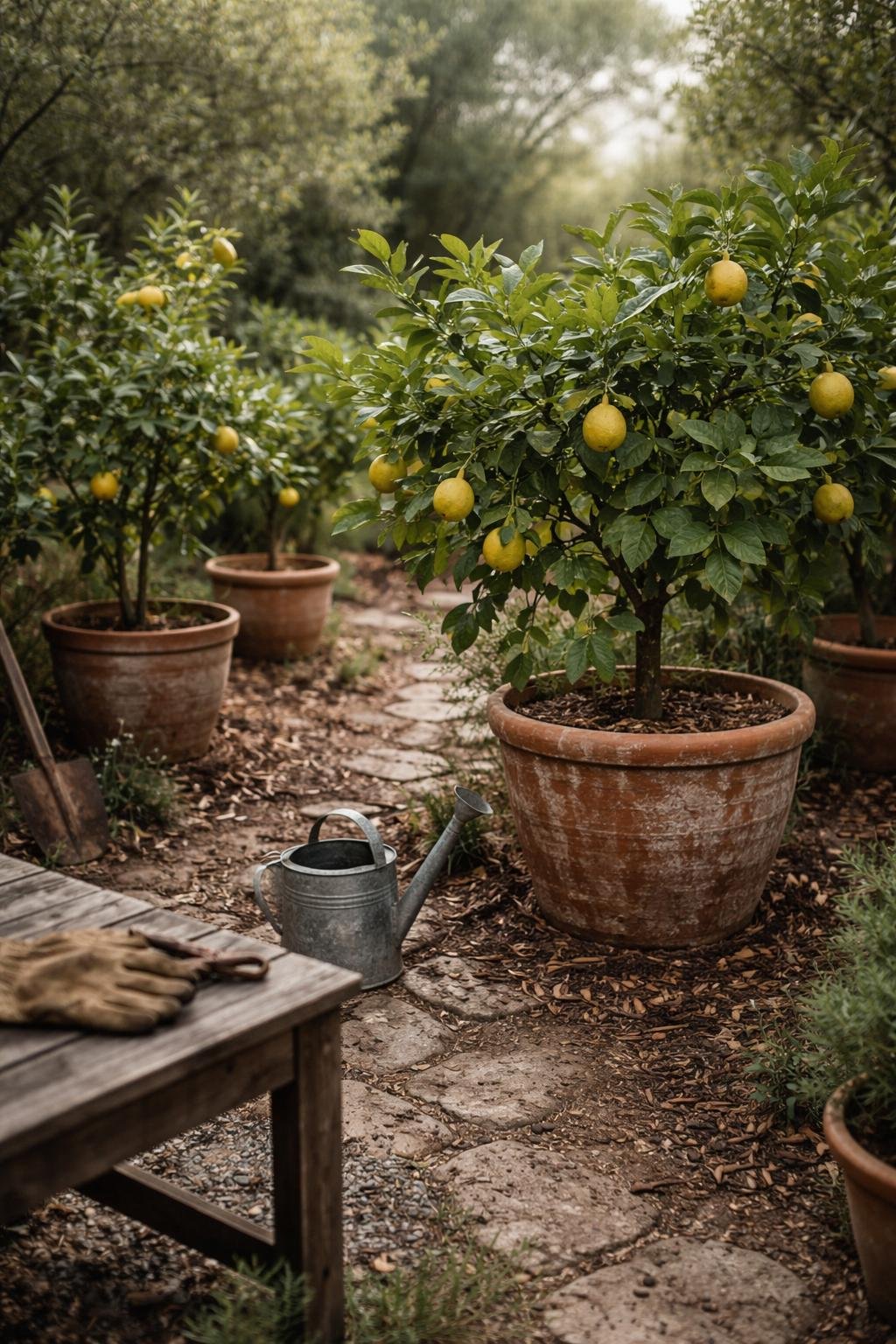 A Greek garden with lemon trees, terracotta pots, garden tools, and a stone path showing signs of recent use and natural plant growth.