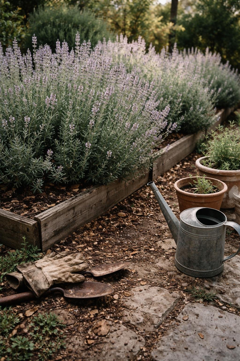 A Greek garden with lavender bushes surrounded by soil, terracotta pots, garden tools, and stone pathways under soft daylight.