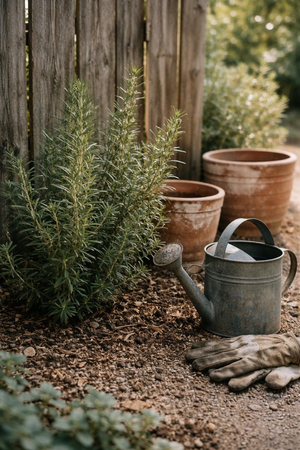 Close-up of a rosemary plant growing in a garden with weathered pots, scattered mulch, and garden tools nearby under soft daylight.