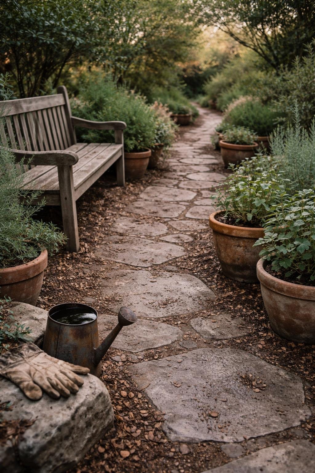 A natural stone pathway in a Greek garden surrounded by plants with insect-bitten leaves, weathered pots, scattered mulch, garden gloves, a watering can, and muddy footprints under soft daylight.