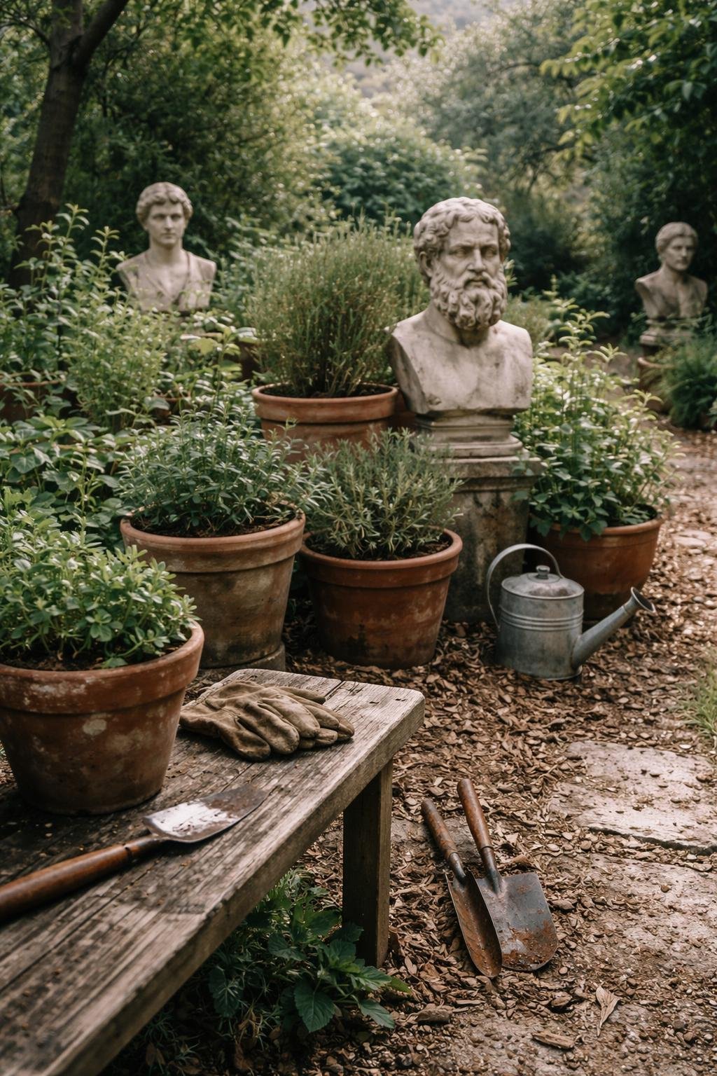 A Greek garden with ancient busts and statues surrounded by plants, terracotta pots, and garden tools under soft daylight.