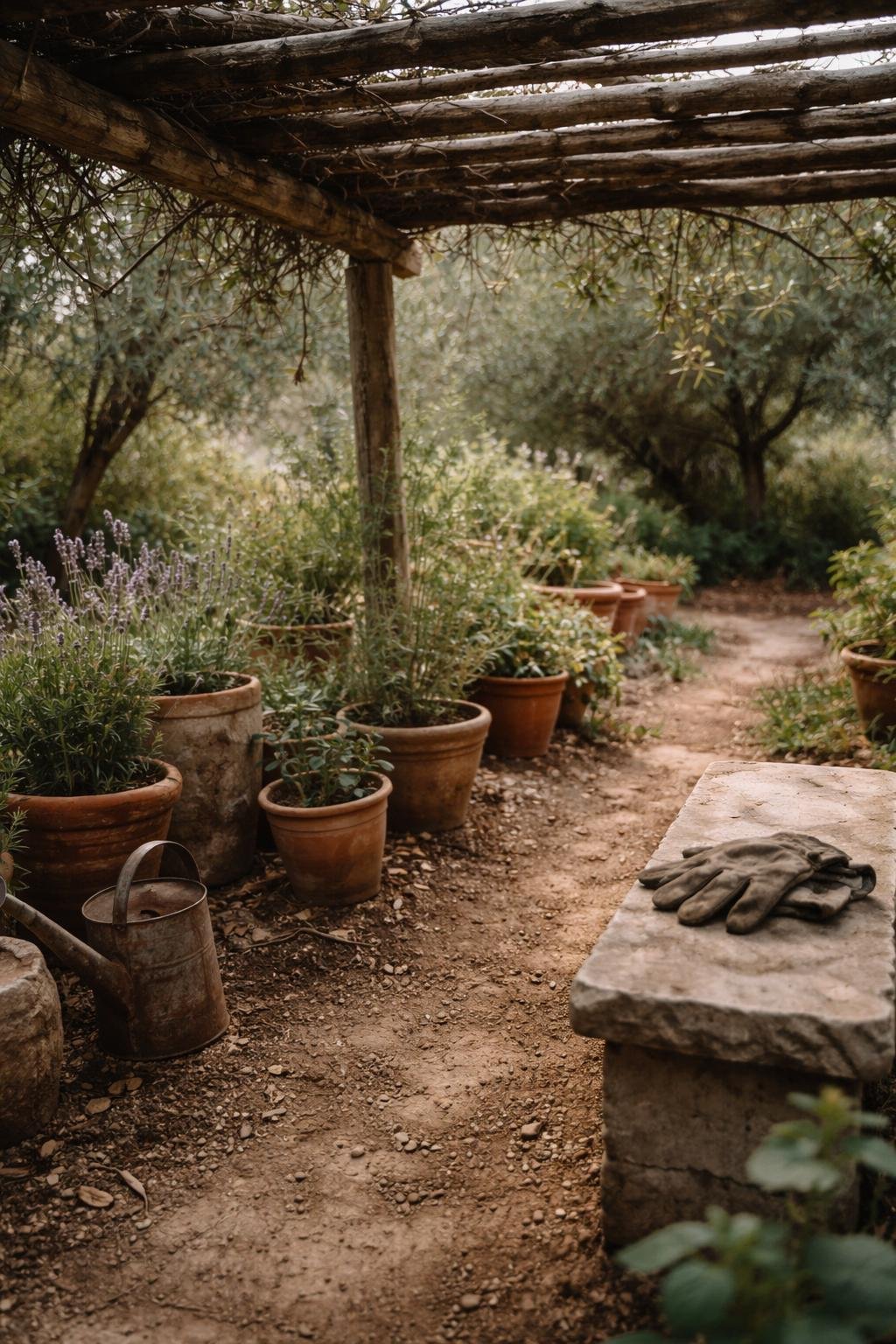 A rustic wooden pergola surrounded by olive trees and terracotta pots with plants, dappled sunlight filtering through, garden gloves and a watering can resting nearby on a stone pathway.