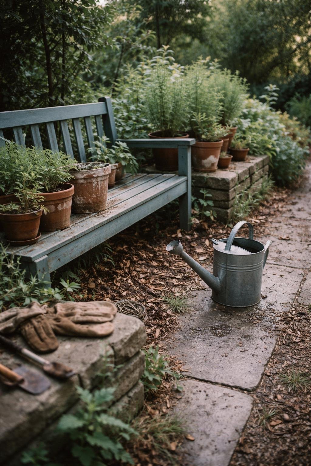 A Greek garden scene with blue and white accents, showing terracotta pots, weathered wood, leafy plants with natural imperfections, garden tools, and soft sunlight filtering through trees.