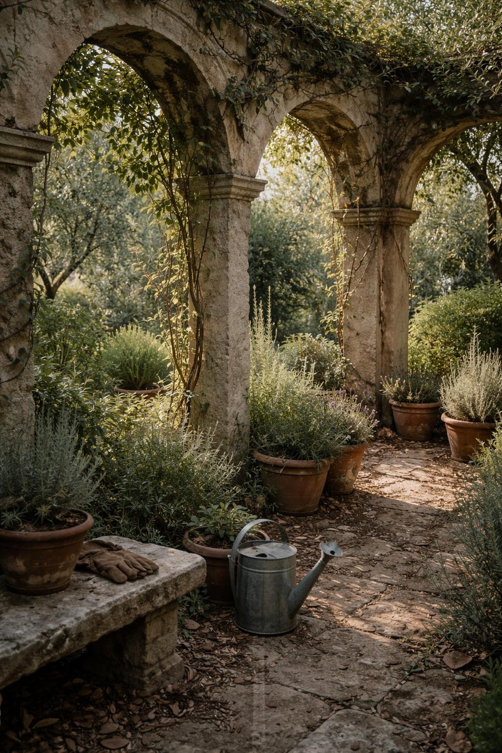 A Greek garden with stone arches, climbing vines, terracotta pots, and lavender plants under soft daylight, showing worn garden gloves and a watering can on stone paving.