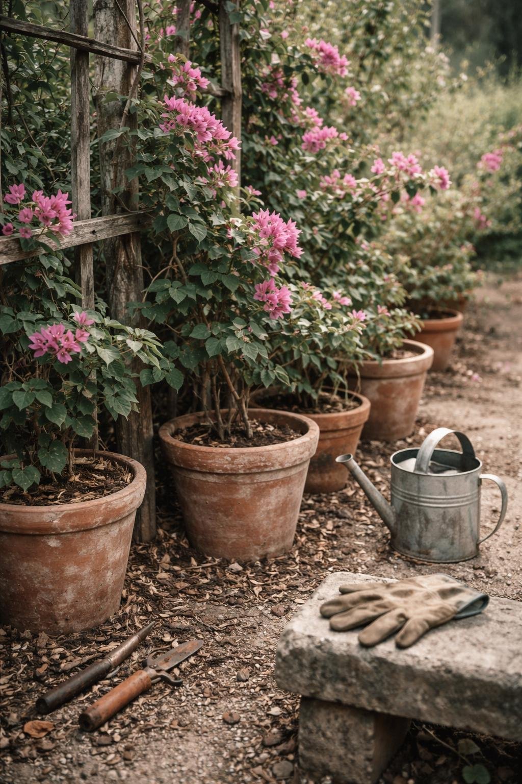 Bougainvillea vines growing on a weathered cedar trellis in a Greek garden with terracotta pots, scattered mulch, garden tools, and stone paths under soft daylight.