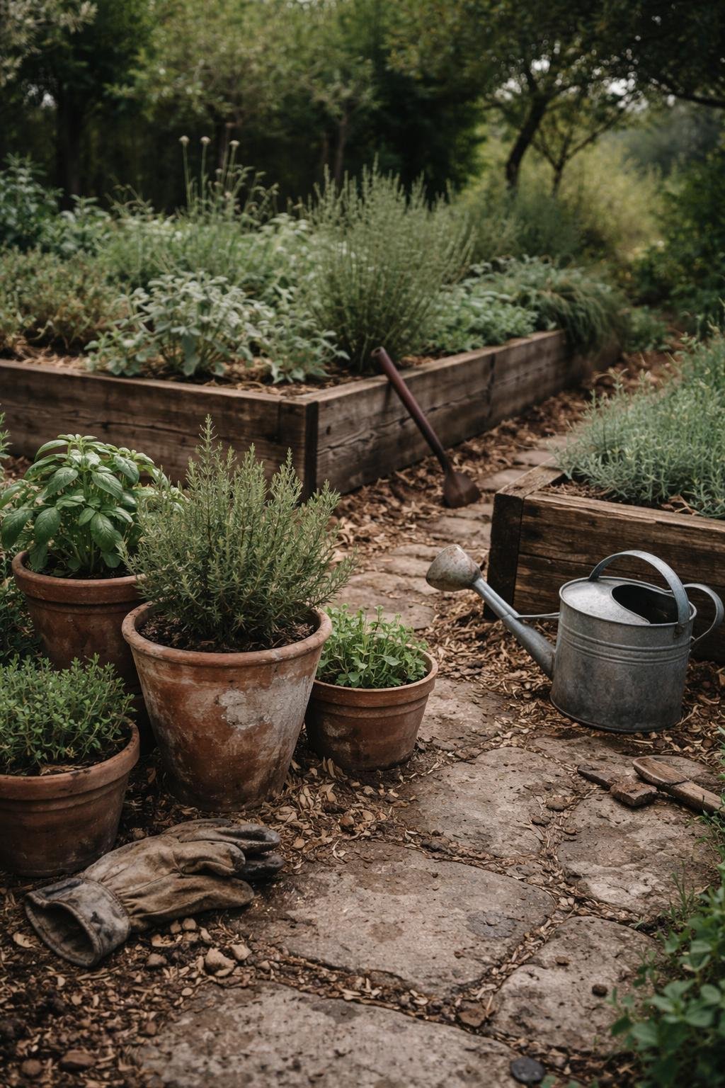 A Mediterranean herb garden with terracotta pots, leafy herbs, weathered wooden structures, and gardening tools resting on a stone path under soft daylight.