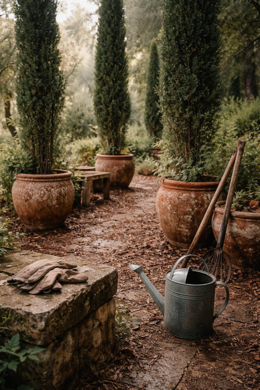 A Greek garden scene with tall cypress trees, terracotta pots, weathered wooden benches, garden tools, and scattered mulch under soft daylight.