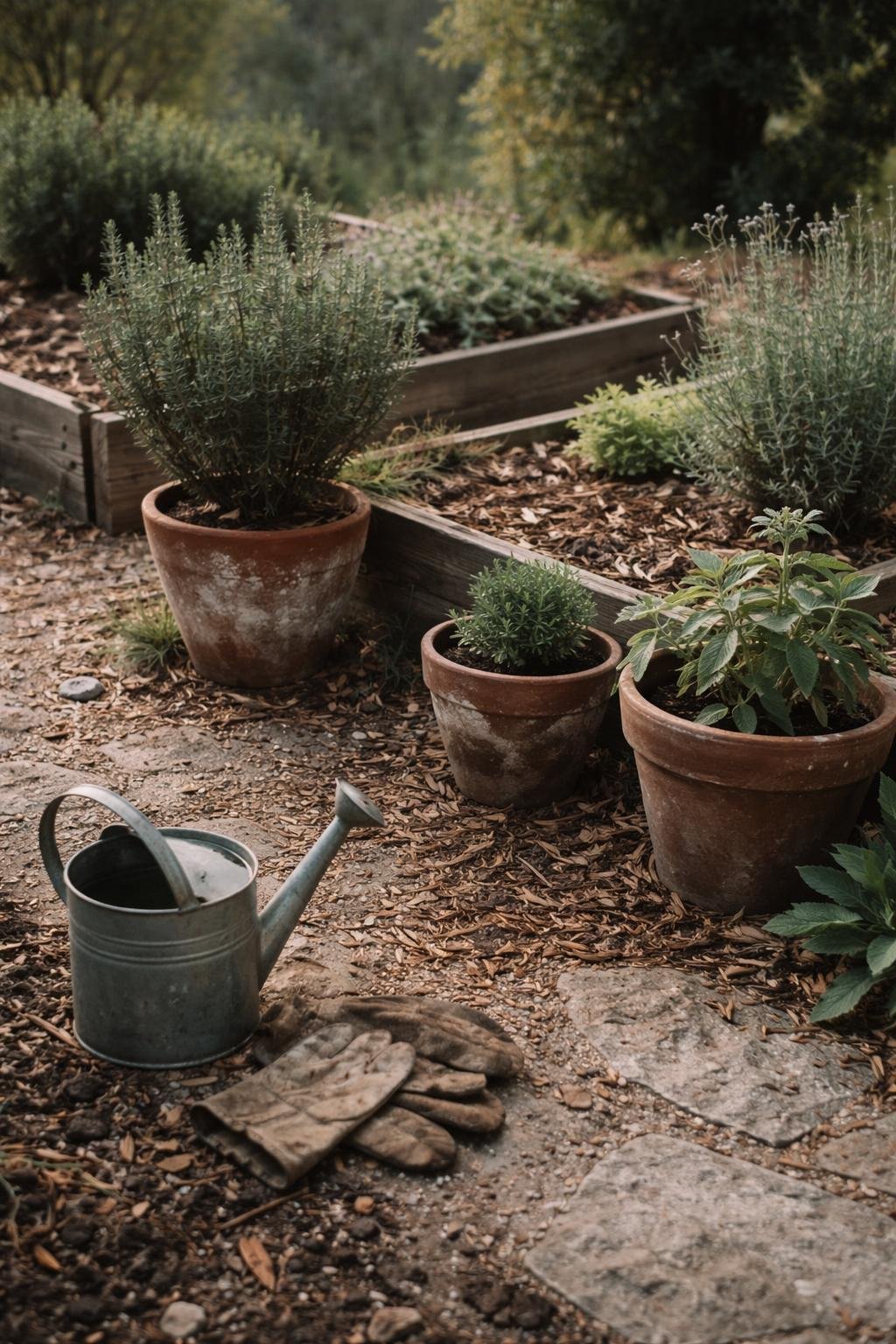 A Greek garden with drought-resistant plants in terracotta pots and weathered wooden beds, showing insect-bitten leaves, scattered mulch, garden gloves, a watering can, and muddy footprints on stone paths under soft daylight.