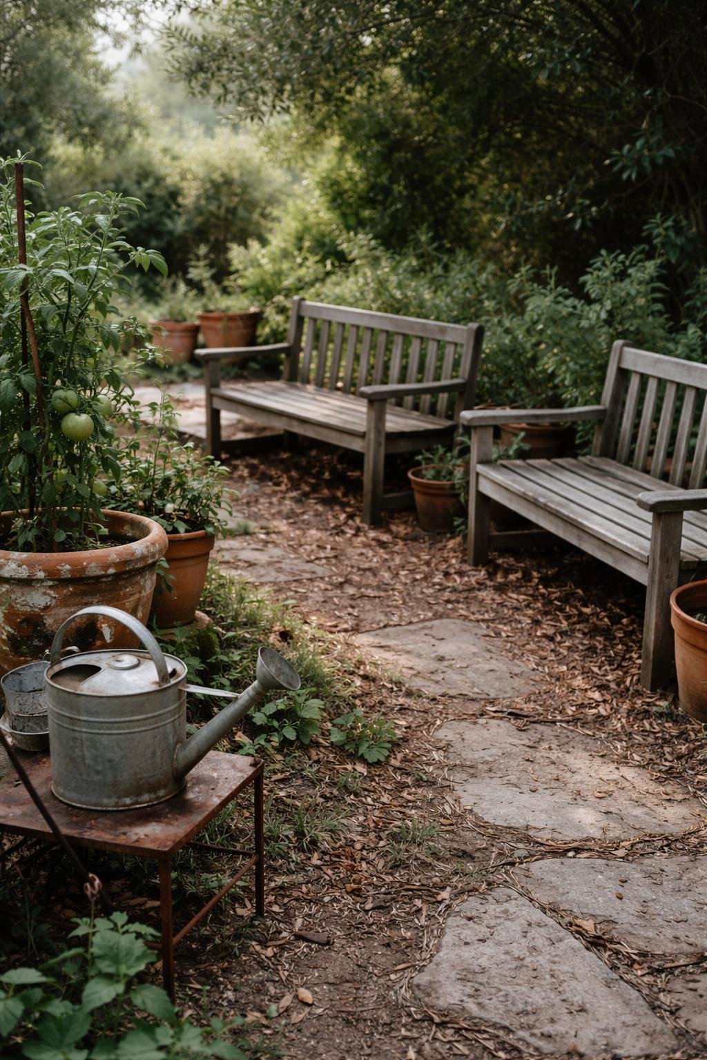 A rustic outdoor seating area in a Greek garden with wooden benches, terracotta pots, leafy plants, and garden tools under soft daylight.