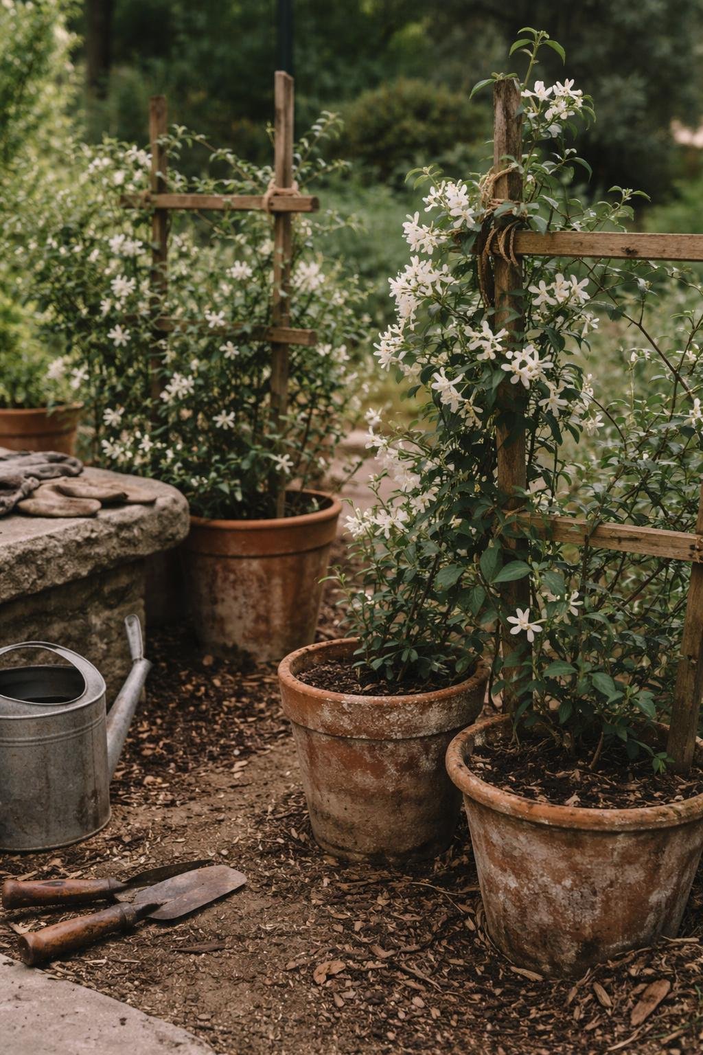 A close-up view of scented jasmine plants growing in a Greek garden with weathered cedar trellises, terracotta pots, and scattered mulch under soft daylight. Garden gloves, a watering can, and muddy footprints are visible on a stone path.