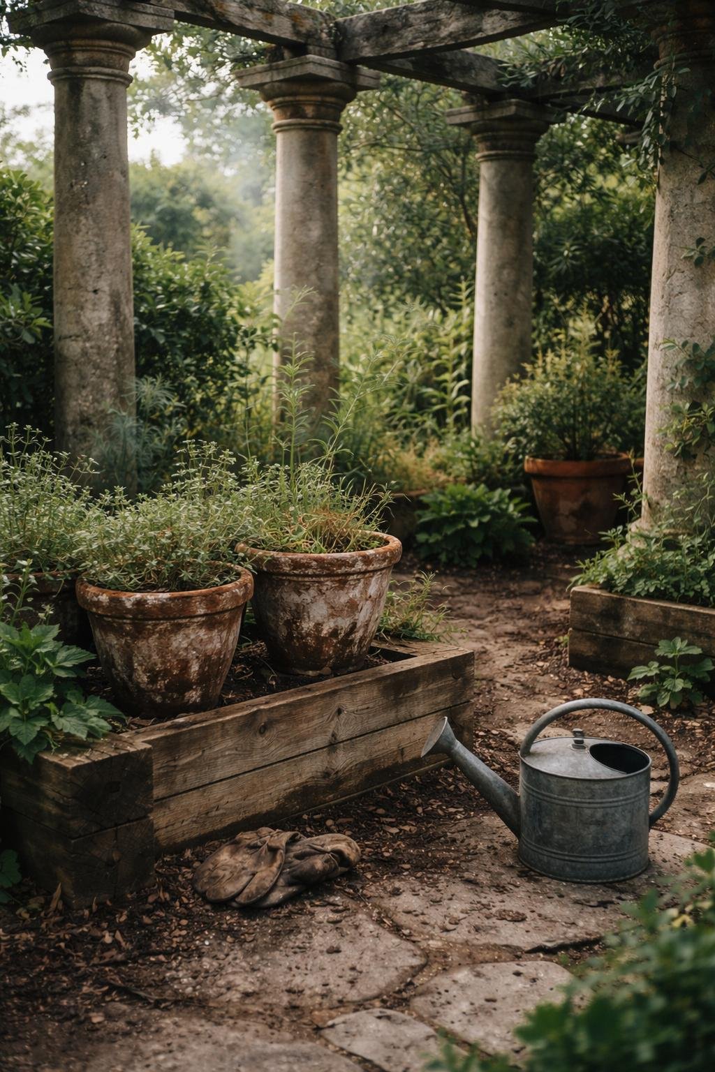 A Greek garden with Roman-style columns surrounded by plants and terracotta pots, showing soil, mulch, worn gardening tools, and soft daylight filtering through leaves.