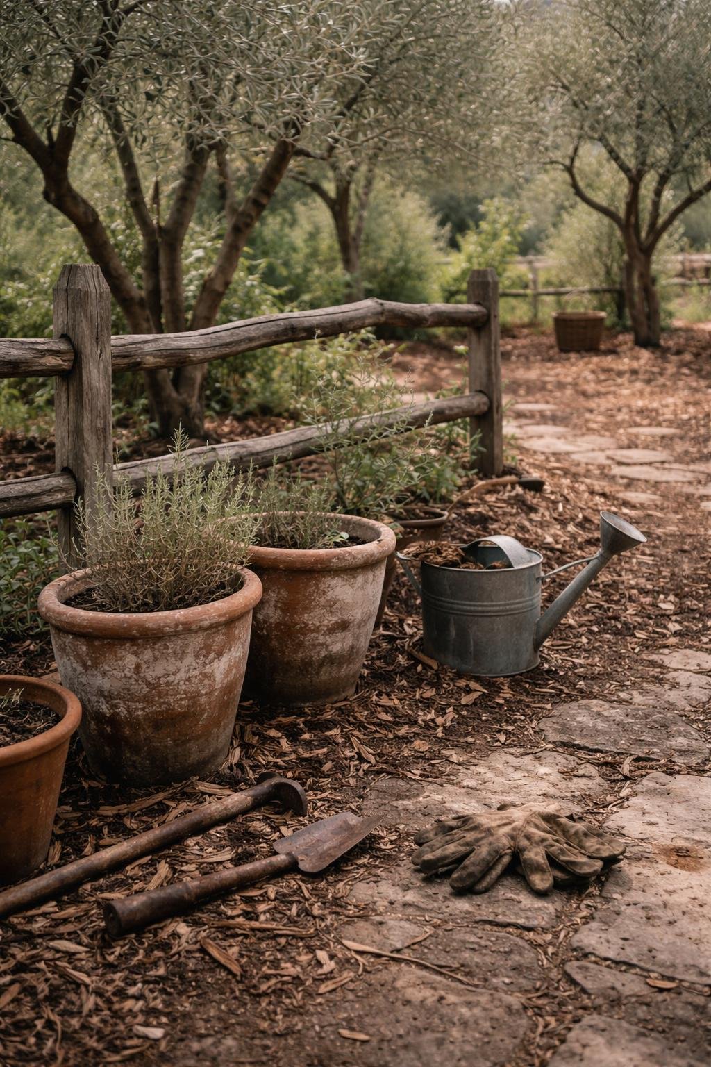 A quiet Greek garden featuring olive trees with weathered pots, garden tools, and stone pathways under soft daylight.